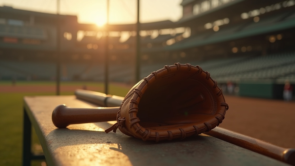 Old leather glove and wooden bat representing 1920s Murderers Row baseball equipment