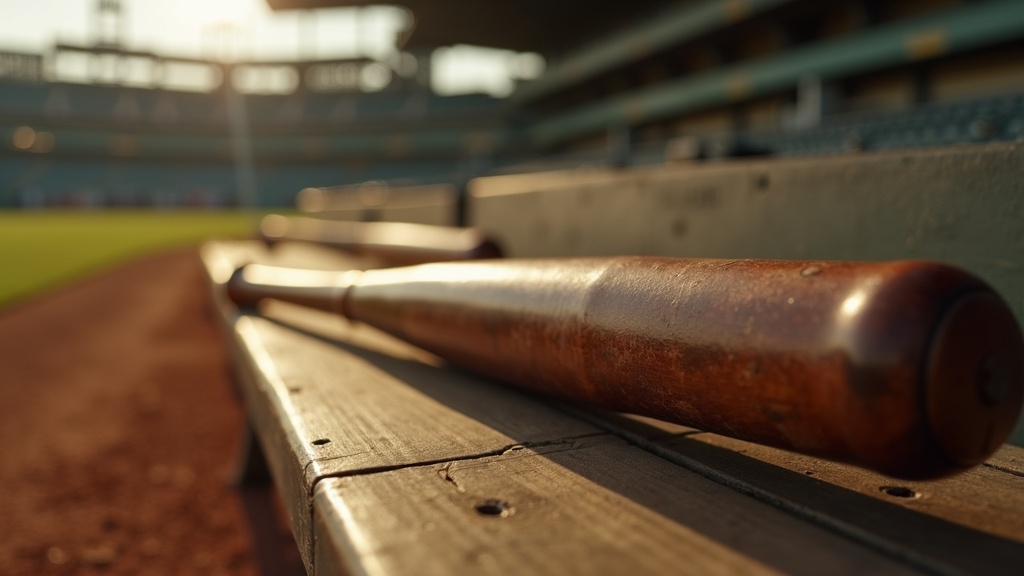 Wooden bat on a dugout bench representing the era of Babe Ruth's called shot