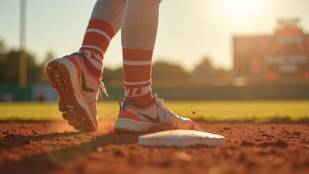 Close-up of baseball cleats digging into dirt while running the bases