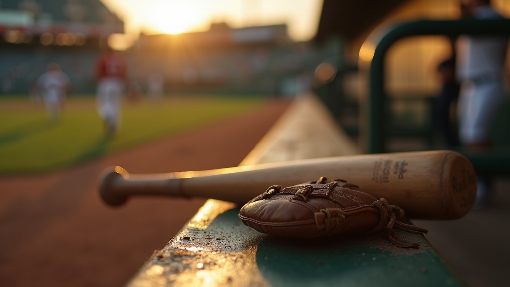 Wooden bat and leather glove on a dugout bench representing post-steroid era baseball culture