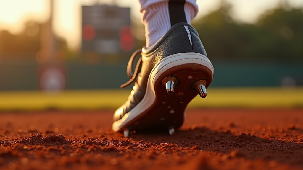 Close-up of a metal baseball cleat sole on infield dirt showing spike detail