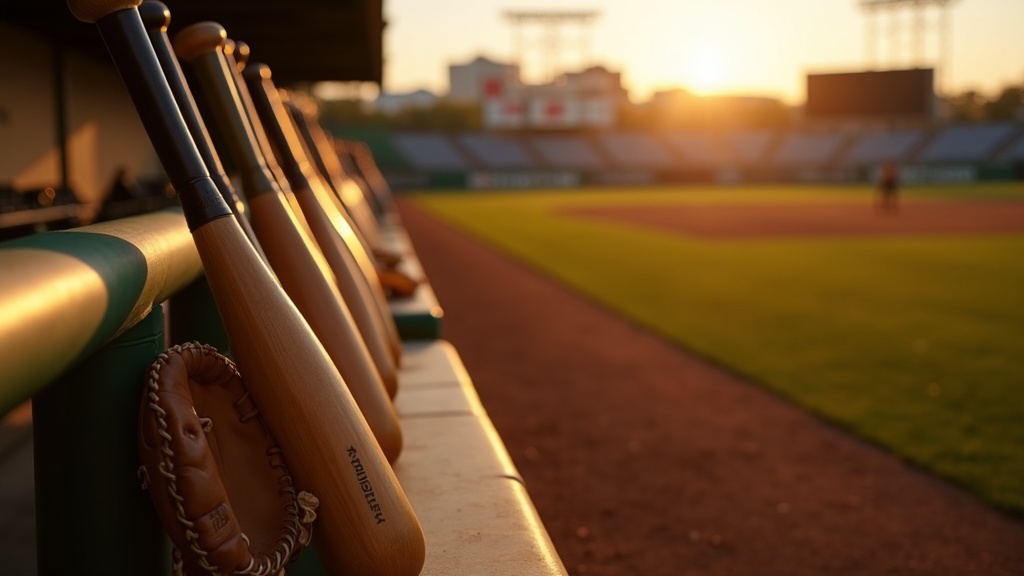 Row of baseball bats leaning on a dugout rail beside a leather glove at golden hour