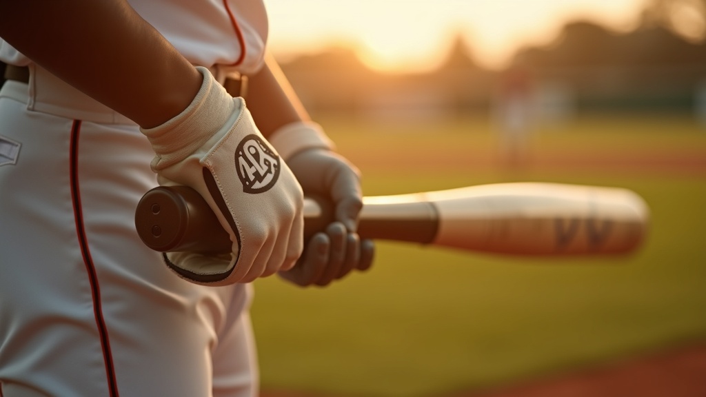 Close-up of gloved hands gripping a bat showing proper batting glove fit