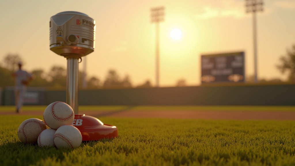 Pitching machine and bucket of baseballs on a youth baseball field used in machine-pitch games