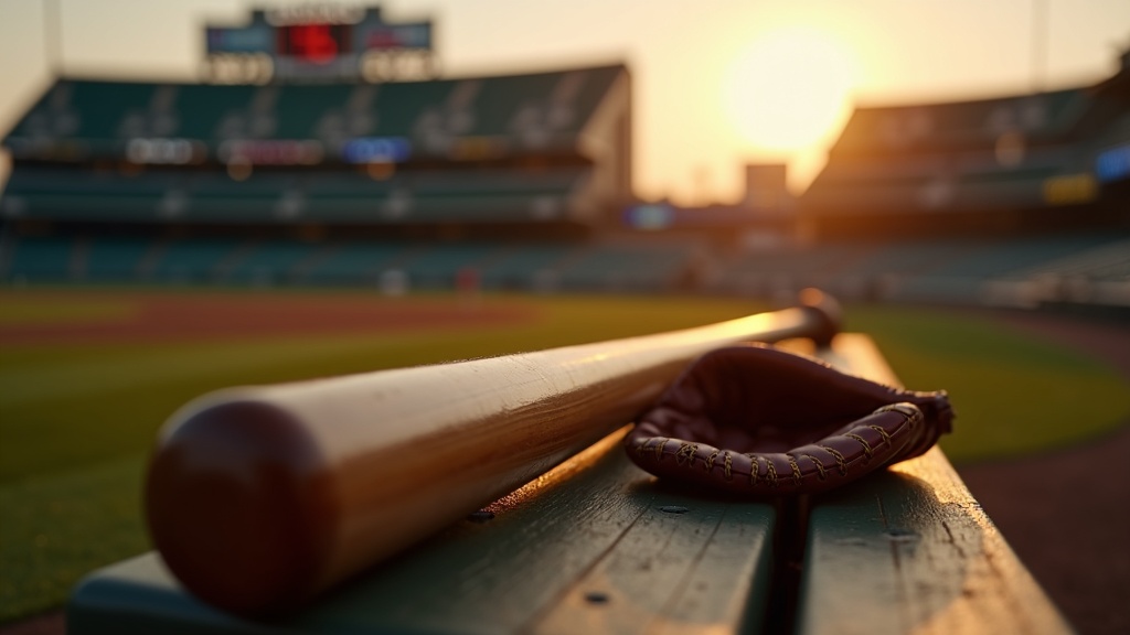 Wooden baseball bat and glove on a bench representing the designated hitter role