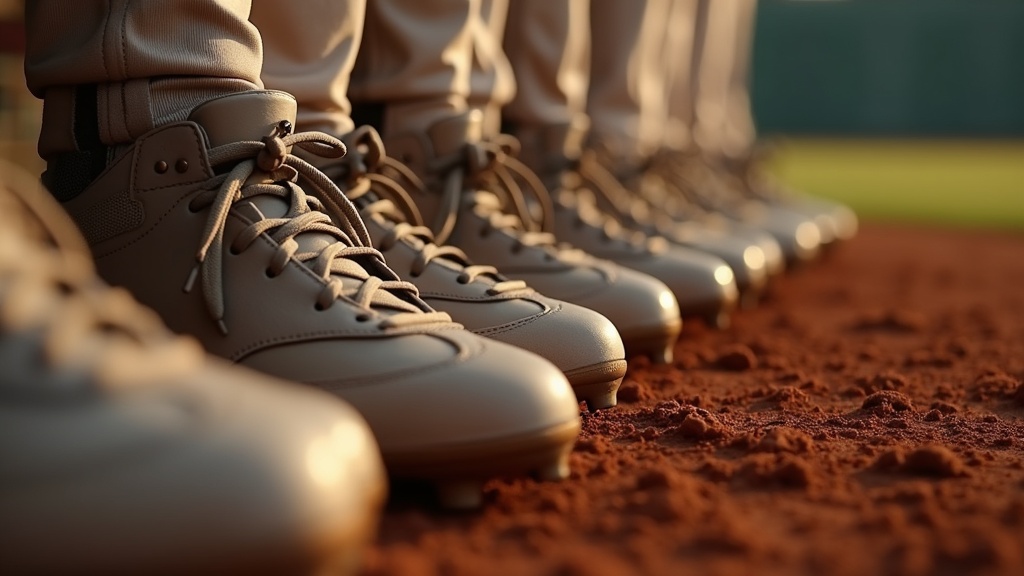 Baseball cleats metal vs molded lined up on a dugout bench before a game