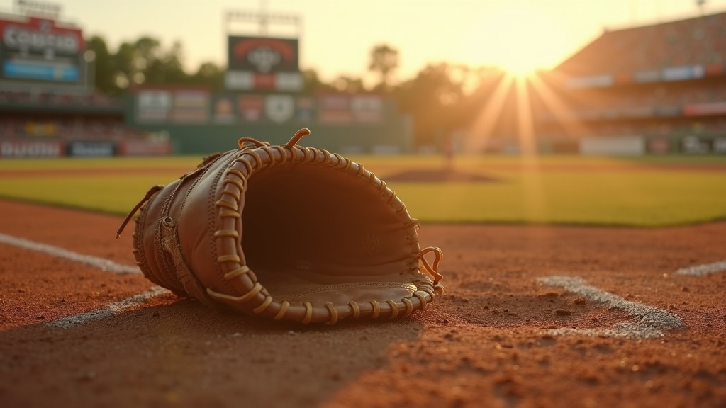 Vintage baseball glove evolution shown on infield dirt