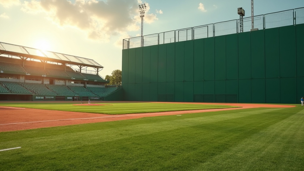 Green Monster wall towering over the left field grass at a historic baseball park