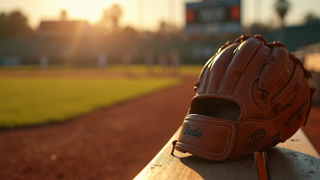 New baseball glove being broken in on a dugout bench