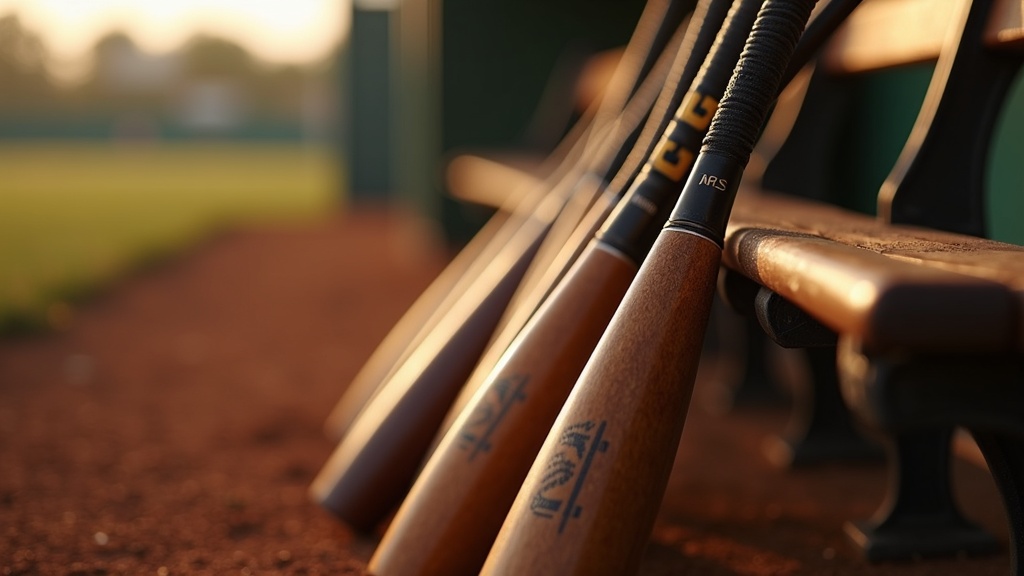 Row of baseball bats of different lengths and materials leaning on a dugout bench