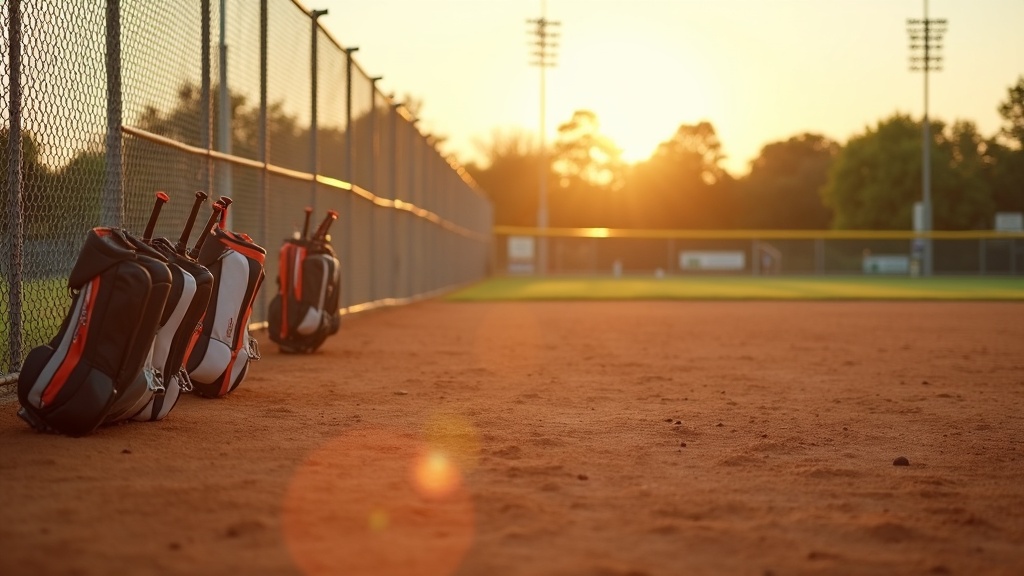 Youth travel baseball field at sunset with dugout and bat bags