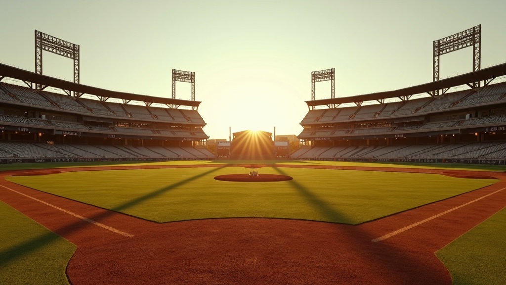 Empty vintage baseball stadium evoking the era of Jackie Robinson breaking the color barrier