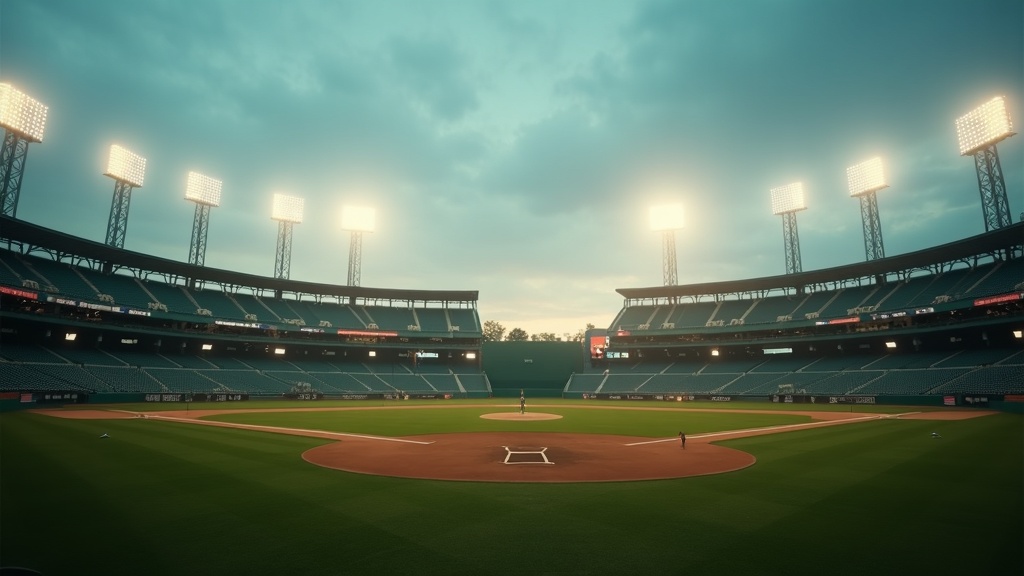 Empty baseball stadium at dusk evoking the Miracle Mets of 1969 era