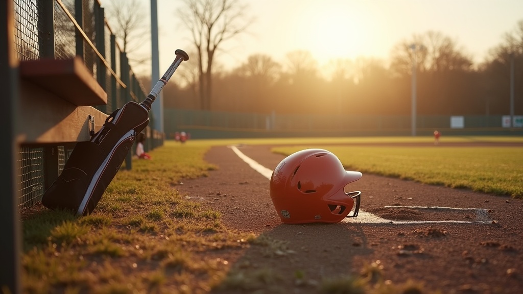 youth baseball equipment resting on a dugout bench during off-season training