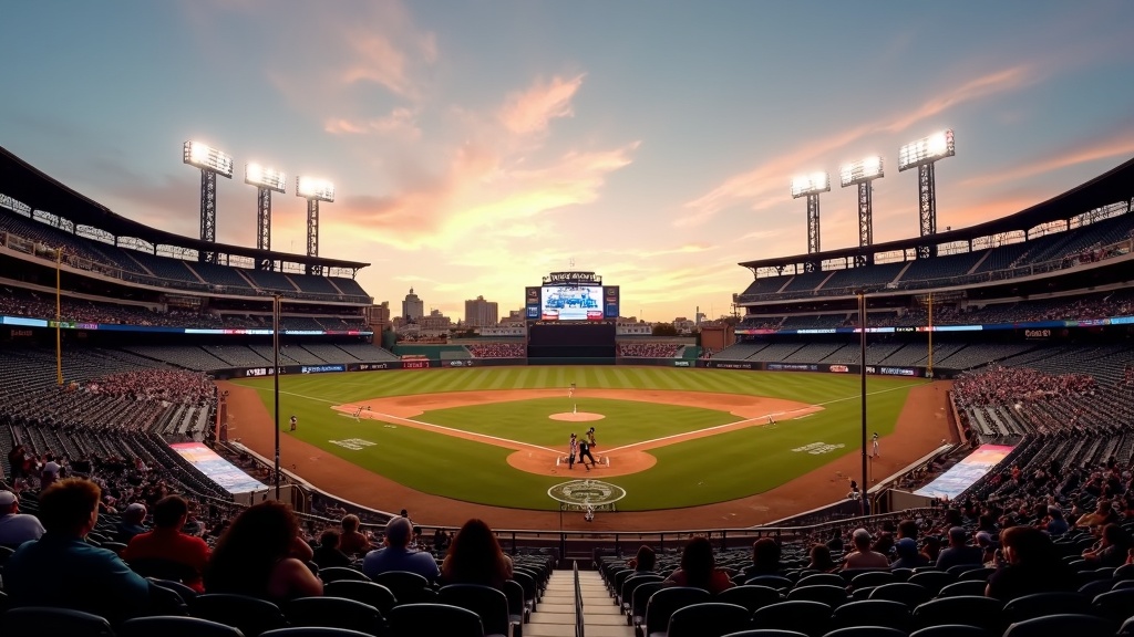 Fans standing for the seventh-inning stretch tradition in a baseball stadium at dusk