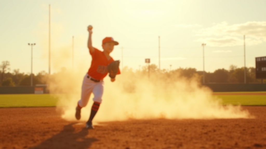 Young player demonstrating a proper baseball throwing motion on an infield