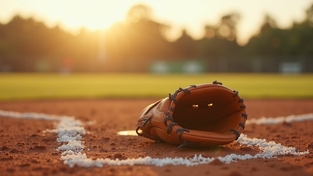 Youth baseball glove size guide showing a properly sized glove on infield dirt
