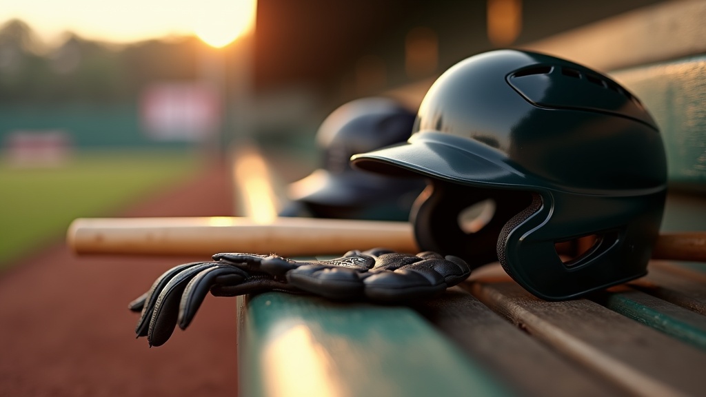 Baseball bat, helmet, and batting gloves on a dugout bench representing batting stance equipment