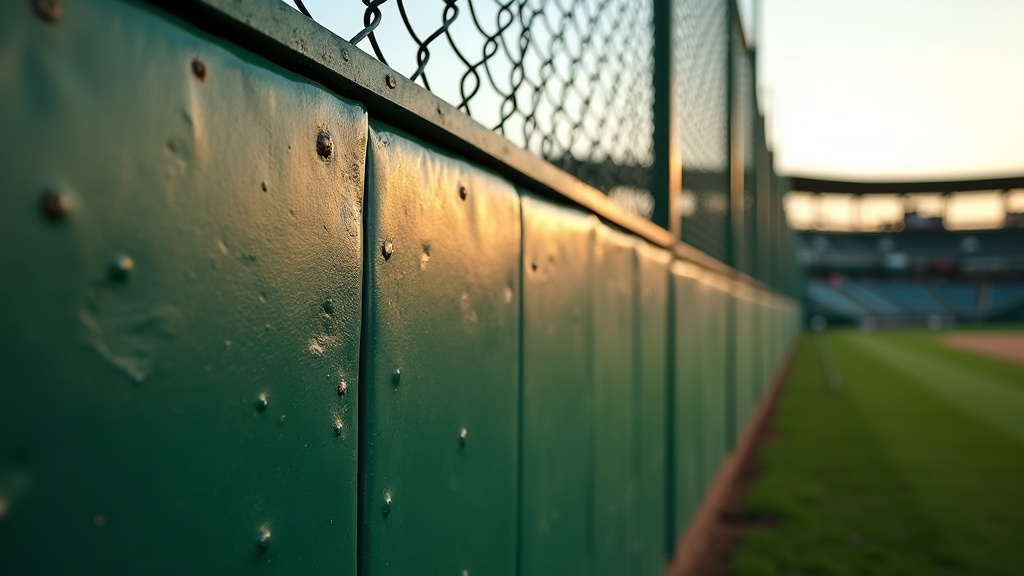 Close-up of the textured green wall padding on the Green Monster outfield wall