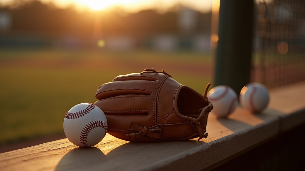 Weathered baseball glove and balls on a dugout bench representing World Series tradition