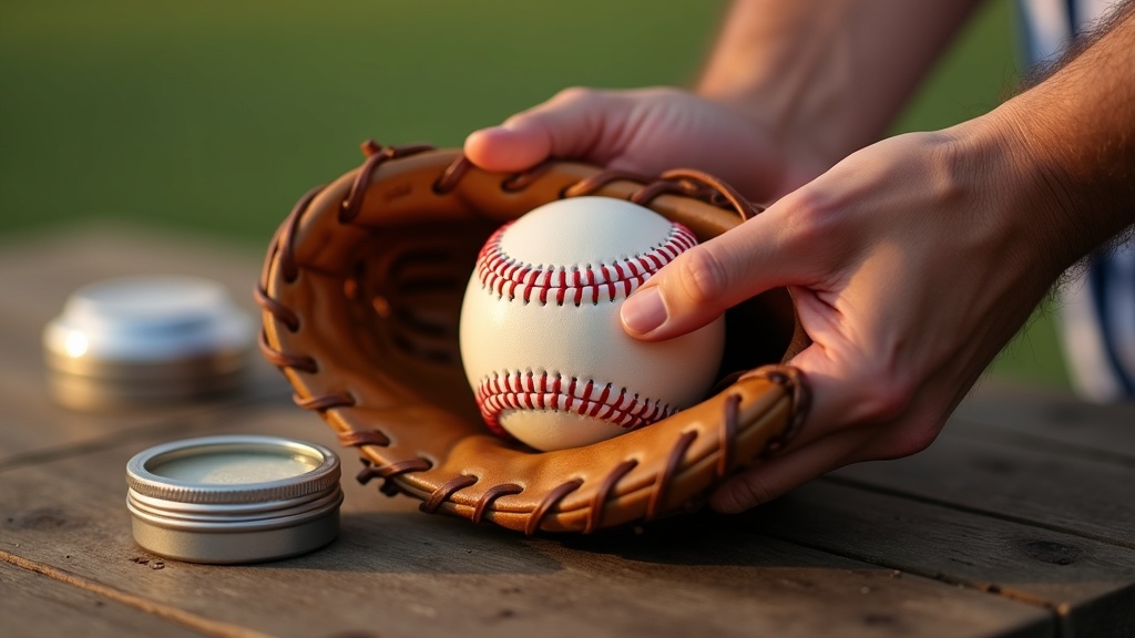 Baseball glove wrapped around a ball with string during break-in process