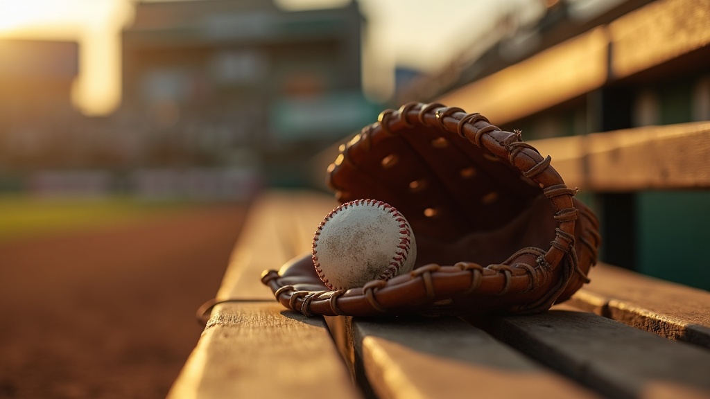 Worn baseball glove and ball on a dugout bench representing youth travel baseball