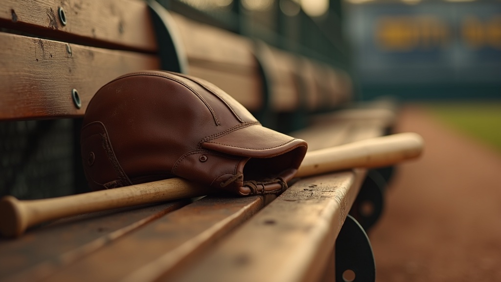 Worn leather glove and wooden bat on a dugout bench representing baseball history and the Negro Leagues era