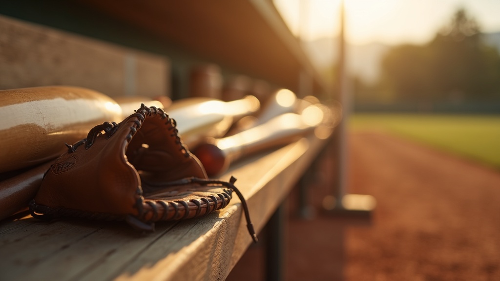Youth baseball bats and glove on a dugout bench representing Little League age brackets