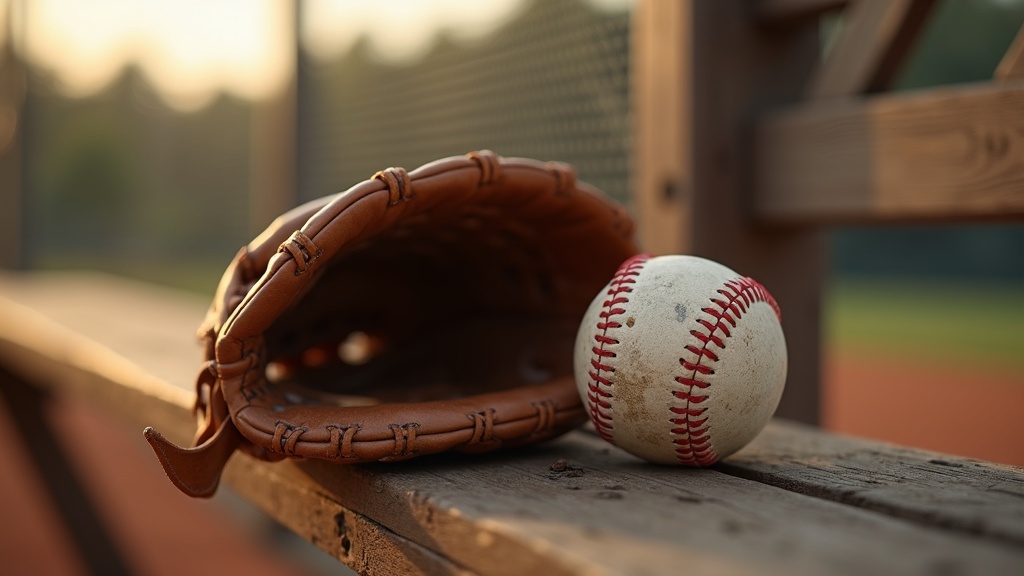 Worn baseball glove and ball on a dugout bench representing 1969 Mets baseball history