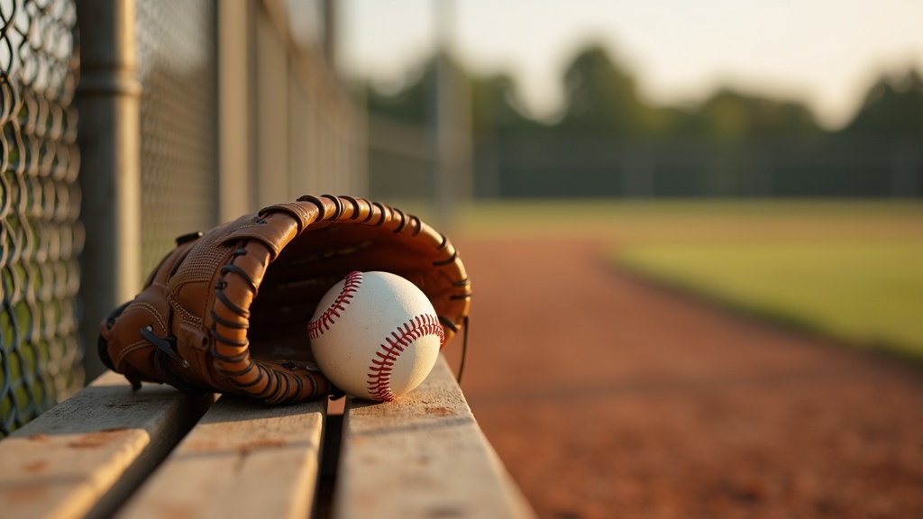 Youth baseball glove and ball on a dugout bench before tryouts