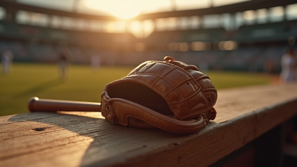 Baseball glove and bat on a dugout bench representing baseball history and tradition