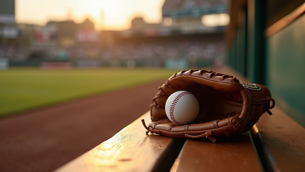 Baseball glove and ball on a dugout bench representing throwing motion practice