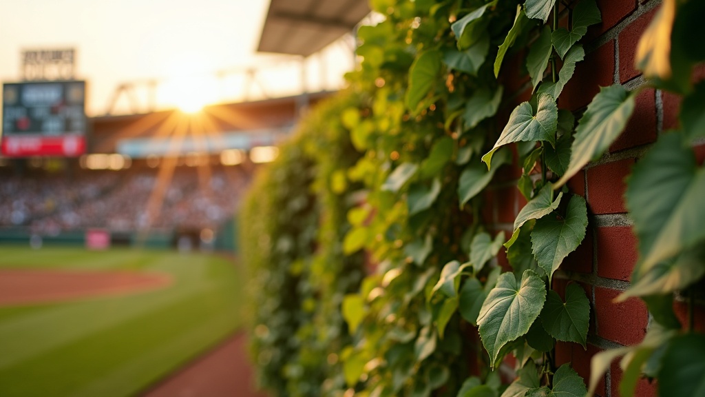 Close-up of ivy leaves on the brick outfield wall of a baseball stadium