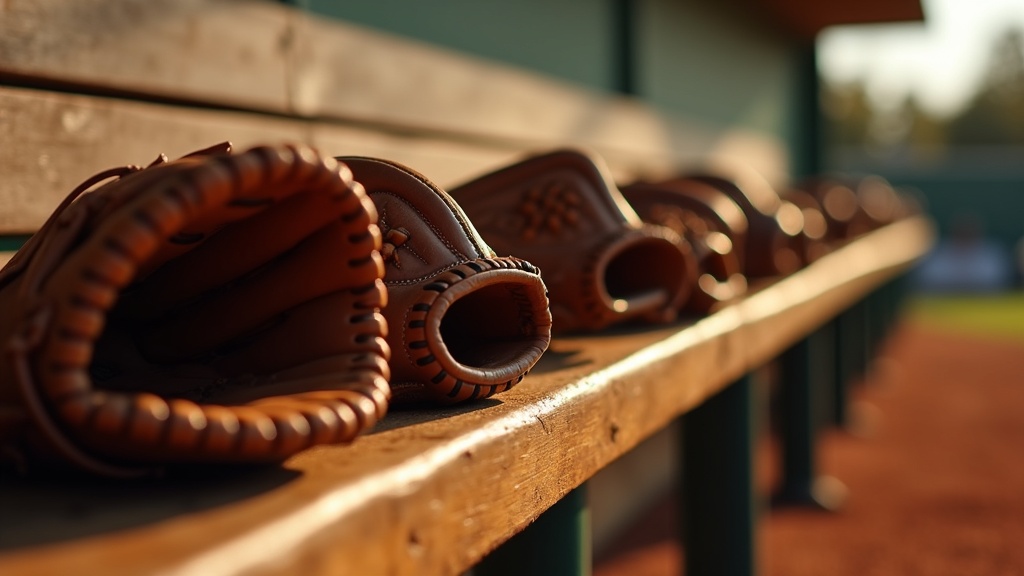 Row of different youth baseball glove sizes lined up on a dugout bench