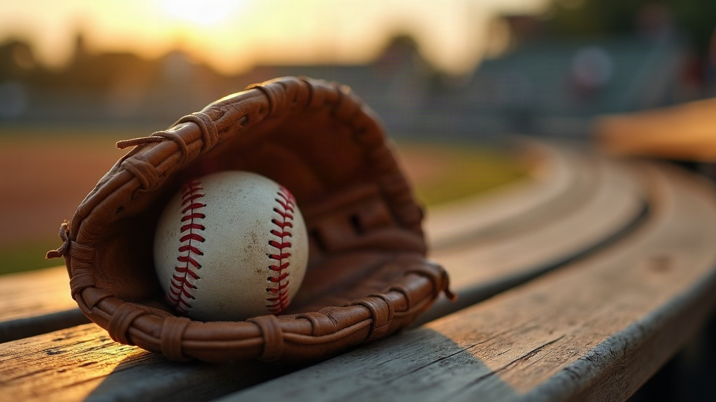 Weathered leather glove and baseball on wooden bleachers representing baseball's early documented history