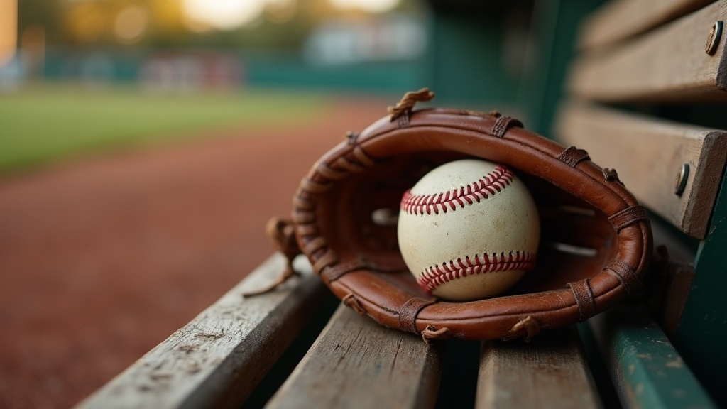 Weathered leather glove and baseball on a dugout bench evoking the early, undocumented history of baseball