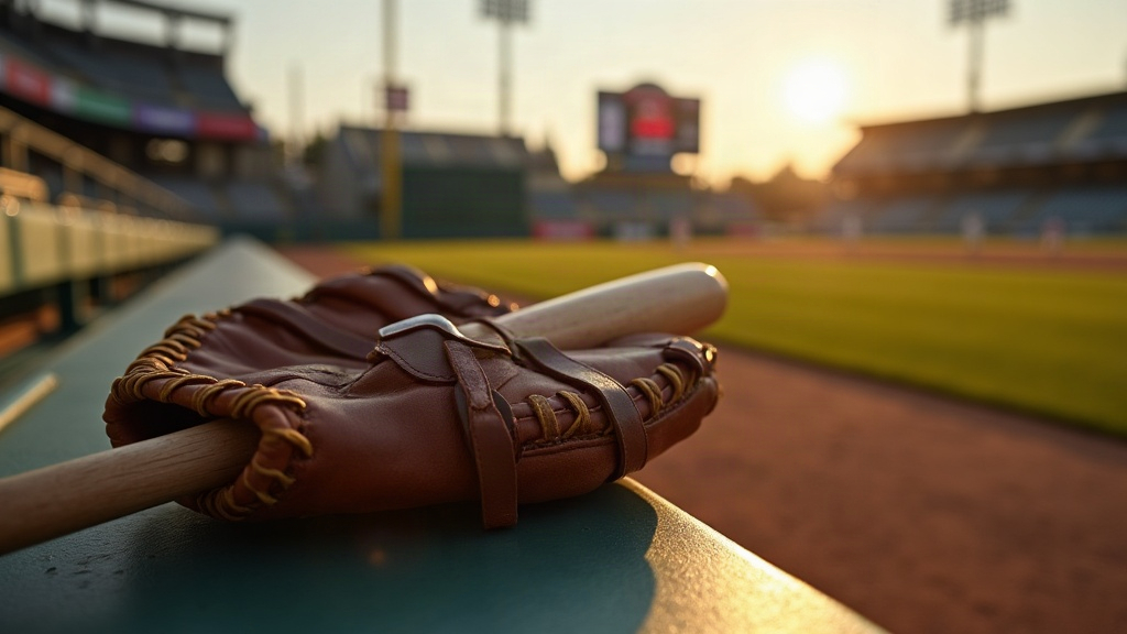 Worn baseball glove and bat on a dugout bench evoking All-Star Game tradition