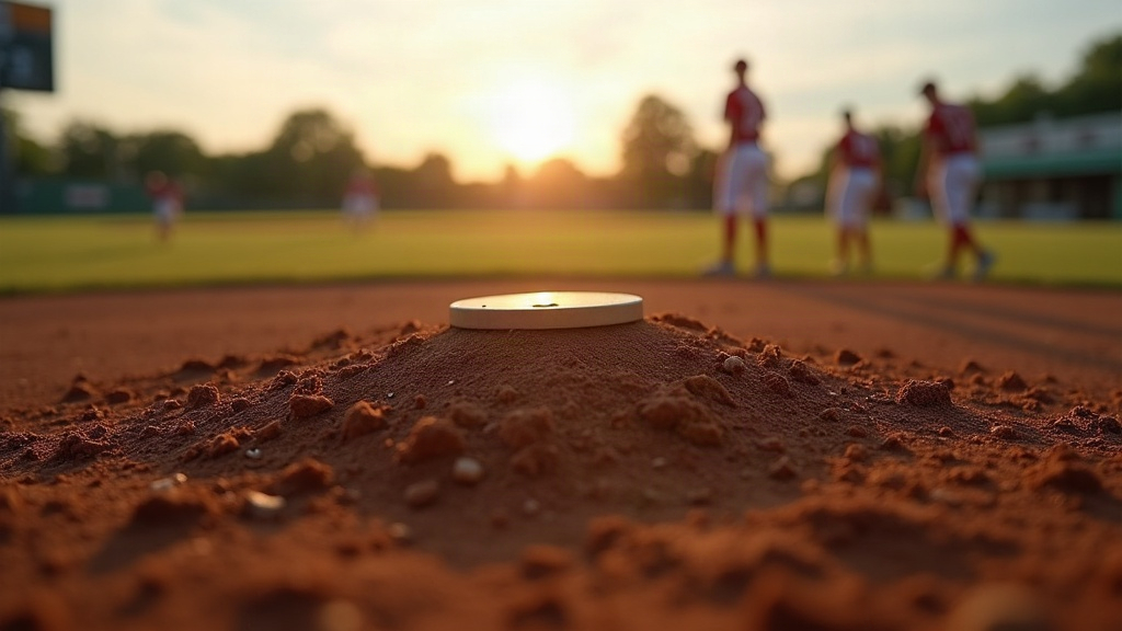 Close-up of pitcher's mound dirt and rubber plate showing the slope that defines mound height