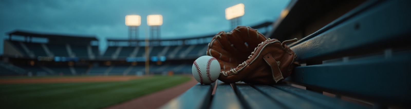 A baseball and a worn leather glove resting on a dugout bench under stadium lights