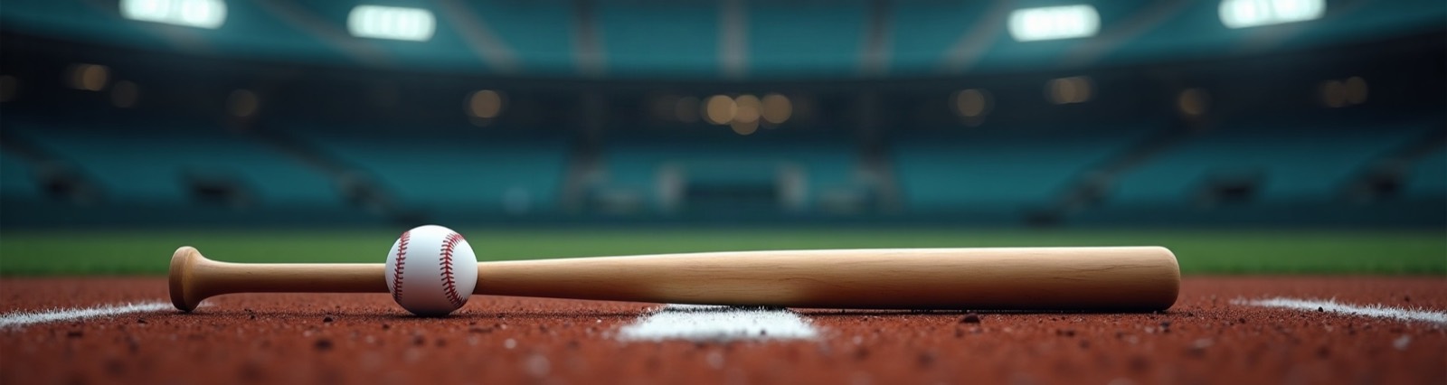 A wooden baseball bat and a baseball lying on the infield dirt near the chalk line