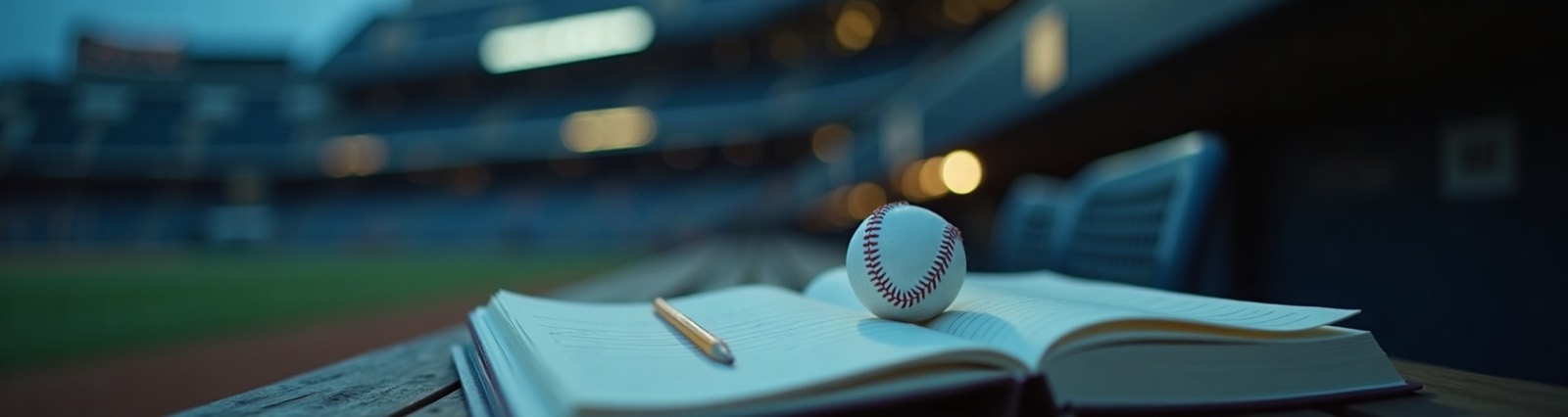 An open scorebook with a pencil and a baseball on a dugout bench