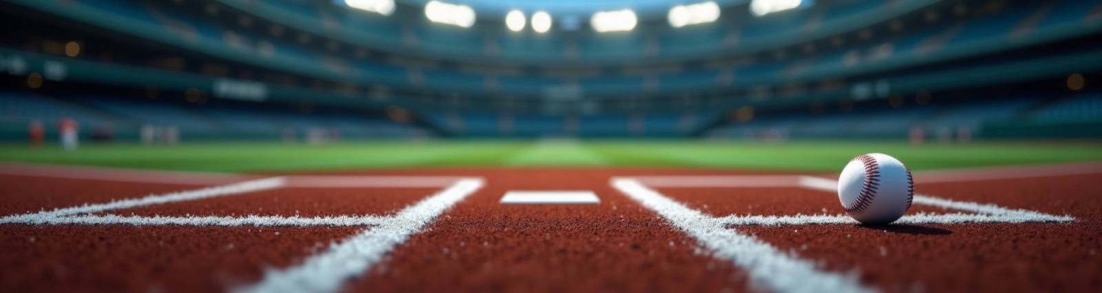A baseball resting on the chalk lines beside home plate on the infield dirt