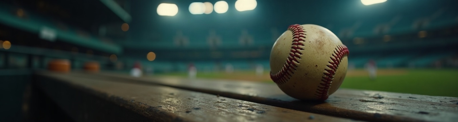 A worn, scuffed baseball on a weathered wooden dugout bench