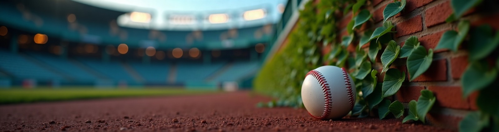 A baseball on the dirt warning track beside a red brick outfield wall covered in ivy