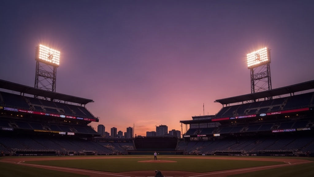 Stadium light towers illuminating a baseball field at dusk, showing the history of night baseball lighting